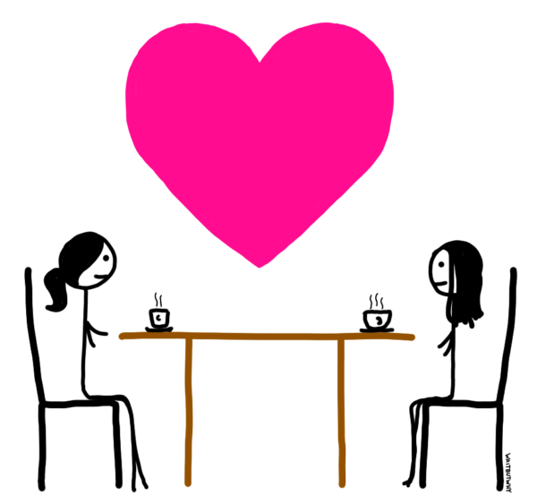 Tandice and Chloe smiling at each other across the table. A giant pink heart floats between them.