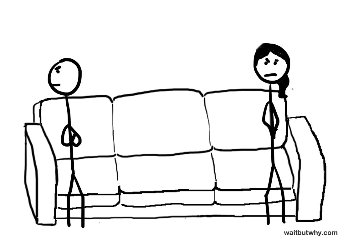 stick figure couple sitting on opposite ends of a couch, angry