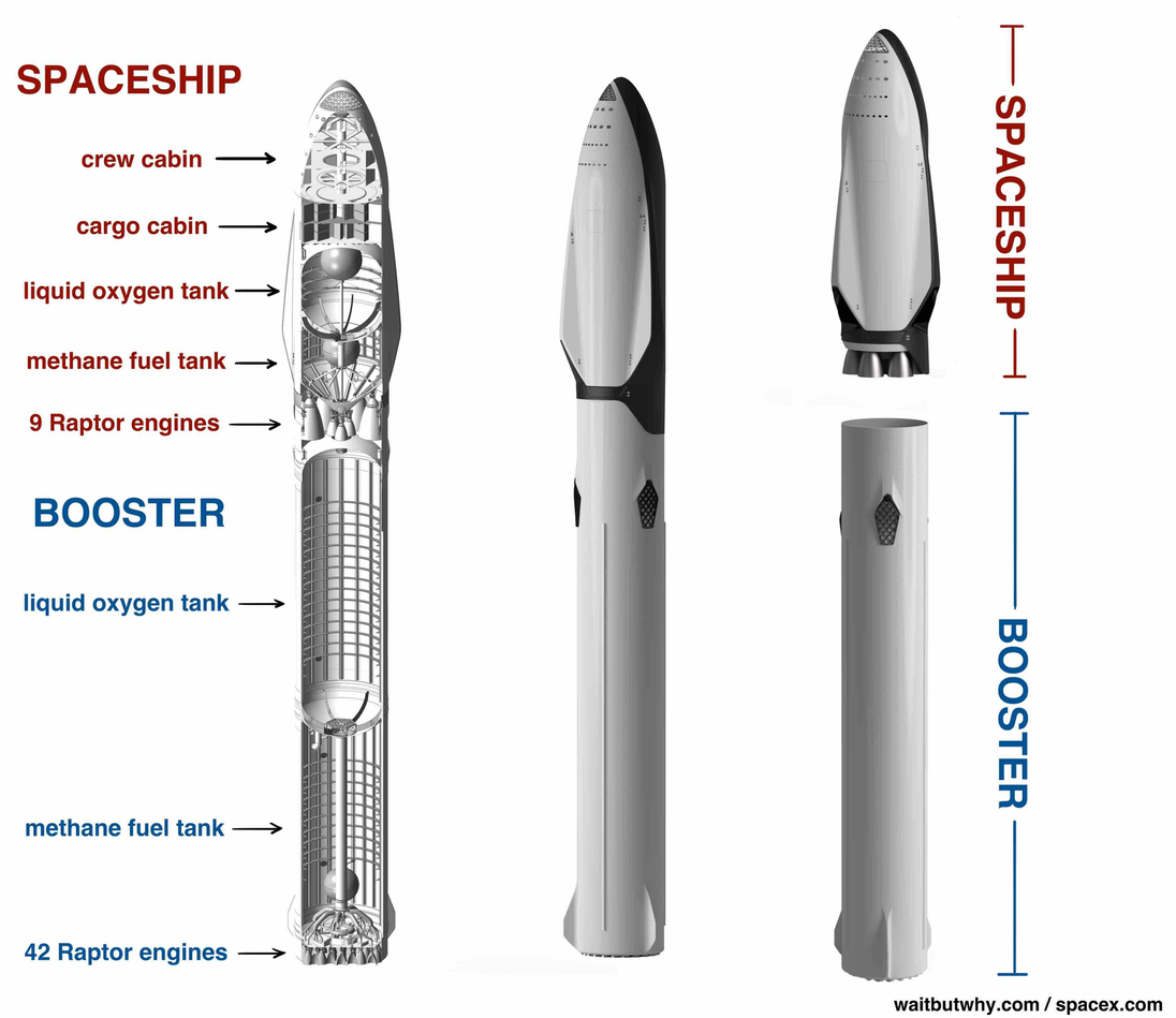 diagram of spacex mars rocket. spaceship: crew cabin, cargo cabin, liquid oxygen tank, methane fuel tank, 9 Raptor engines. booster: liquid oxygen tank, methane fuel tank, 42 Raptor engines